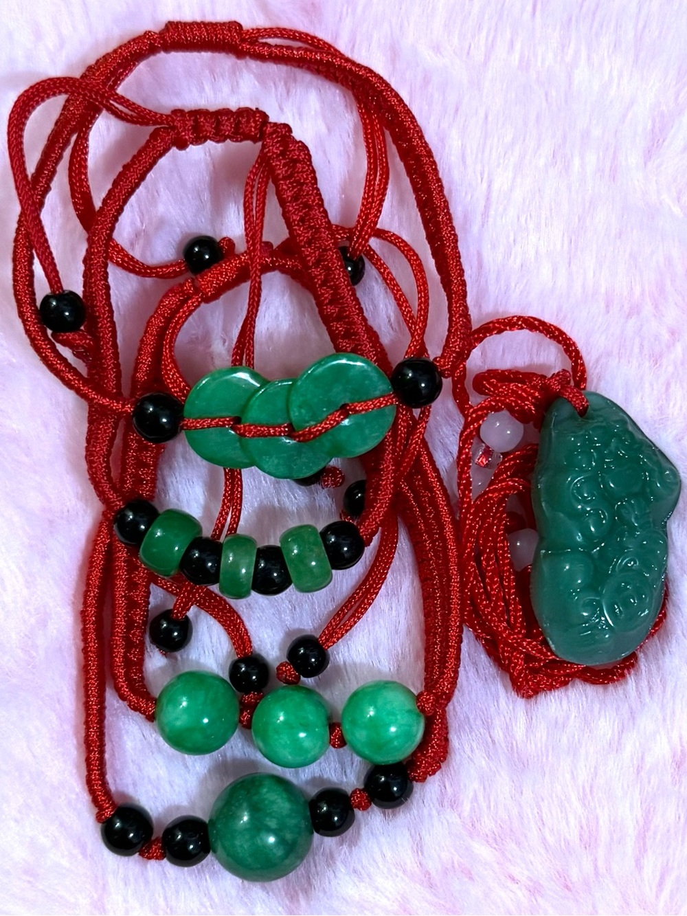 Dragon Green Jade Pendant Necklace on Red Cord & Jade Adjustable Bracelets Set